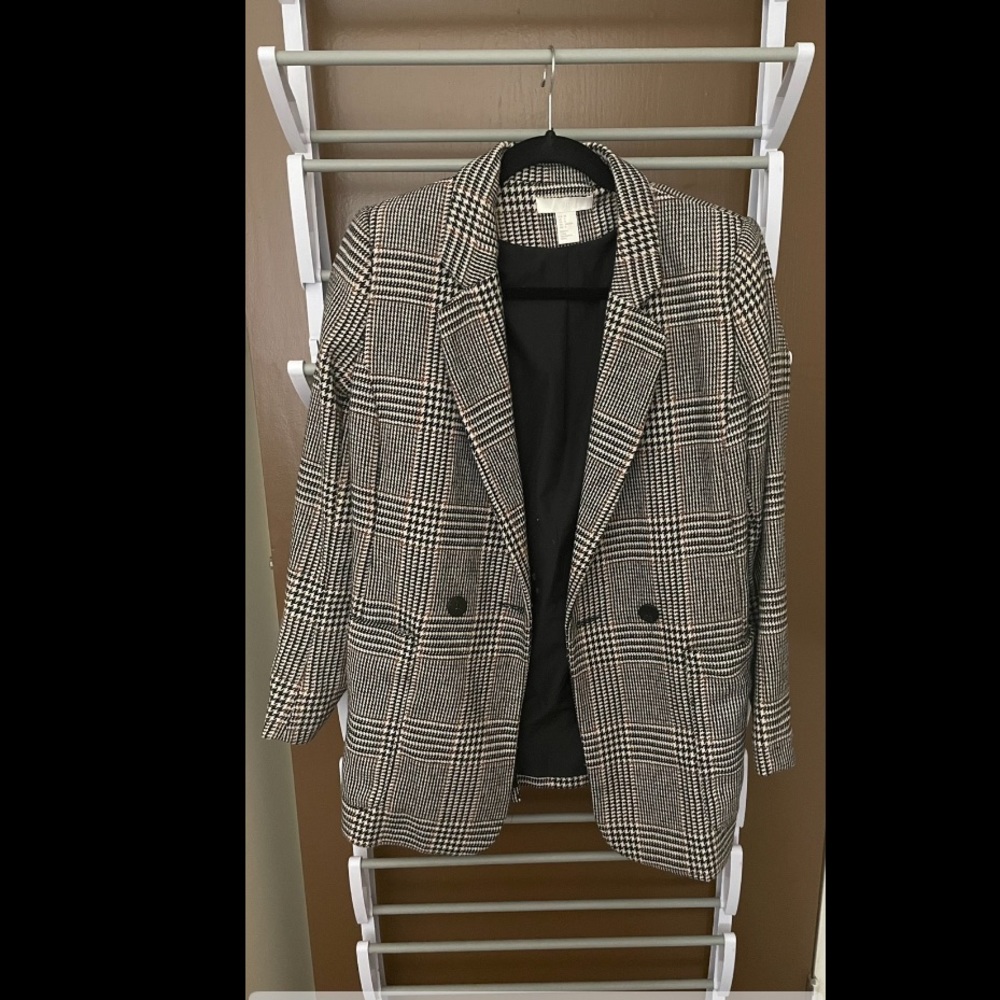 H&M Brown Plaid Oversized Double-Breasted Blazer